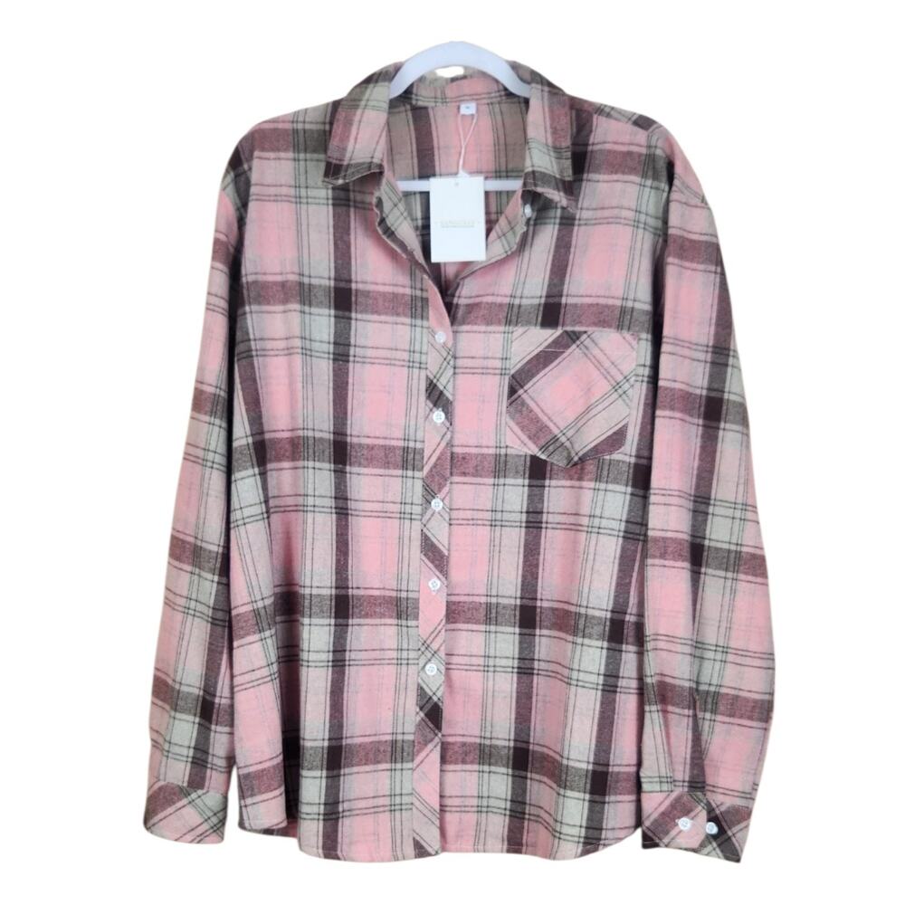 NEW Pink Plaid Flannel Wonens XL Cotton Blend Fall Layer Cute Femme 16 18 Brown